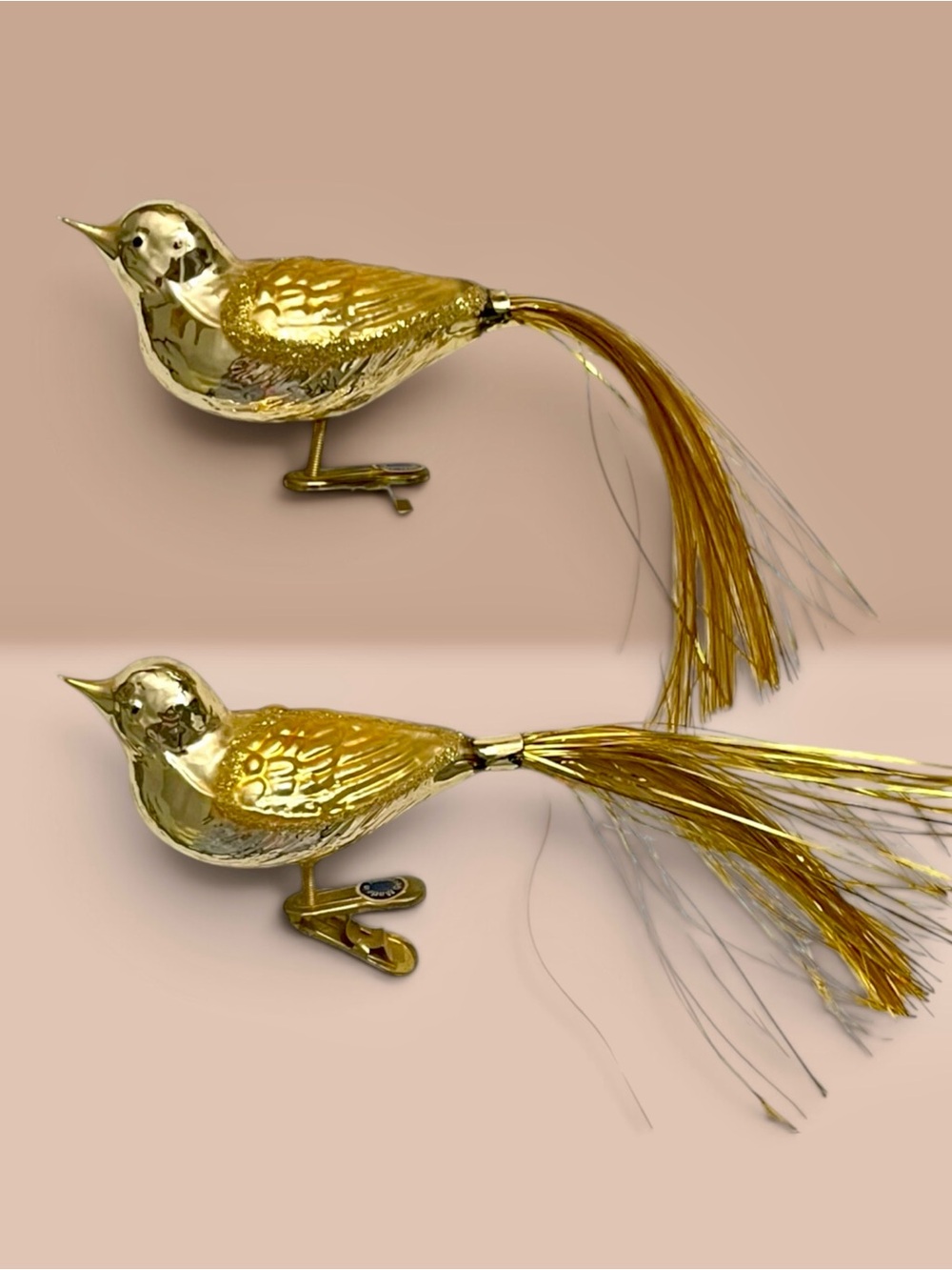 VTG Gold Blown Glass Clip-On Bird Christmas Ornaments with Tinsel Tails Germany